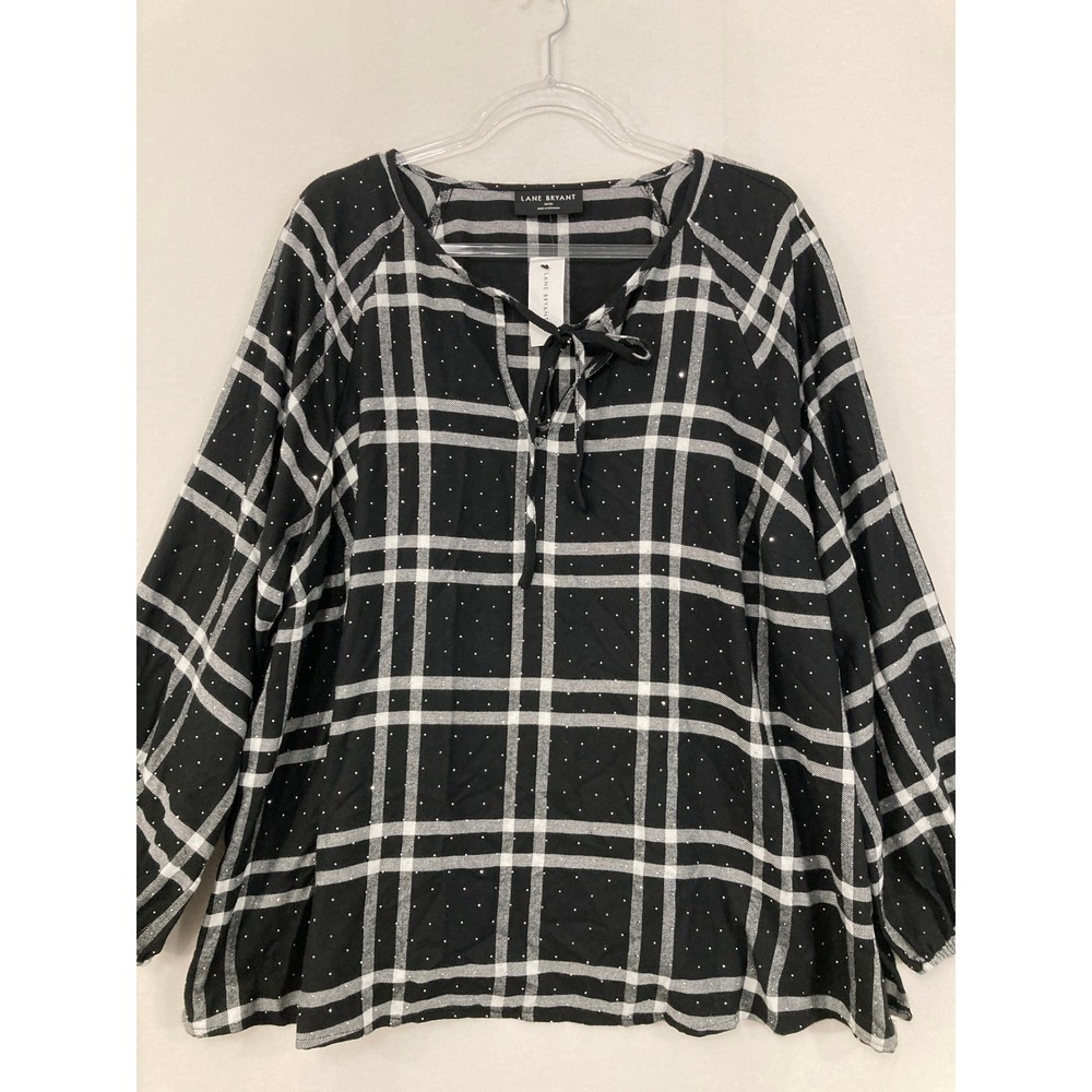 New Lane Bryant Plaid Blouse size 18/20 Black White Metallic Dot Tie Neck Top